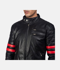 Men's Red Stripes Black Biker Jacket