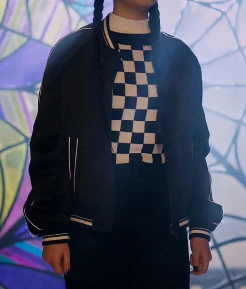 Netflix Movie Wednesday Jenna Ortega Black Bomber Jacket