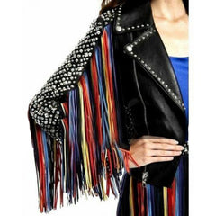 STUD & FRINGE LEATHER JACKET FOR WOMEN'S