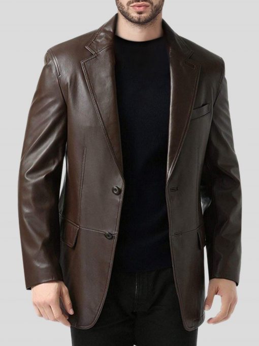 Men's Brown Classic Two Button Single Breasted Leather Blazer