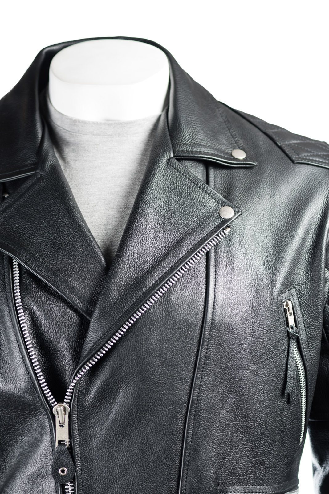 Men's Black Cow Hide Leather Biker Jacket With Diamond Stitch Shoulder Detail