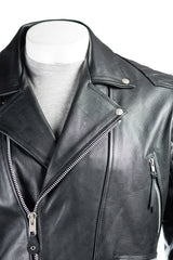 Men's Black Cow Hide Leather Biker Jacket With Diamond Stitch Shoulder Detail