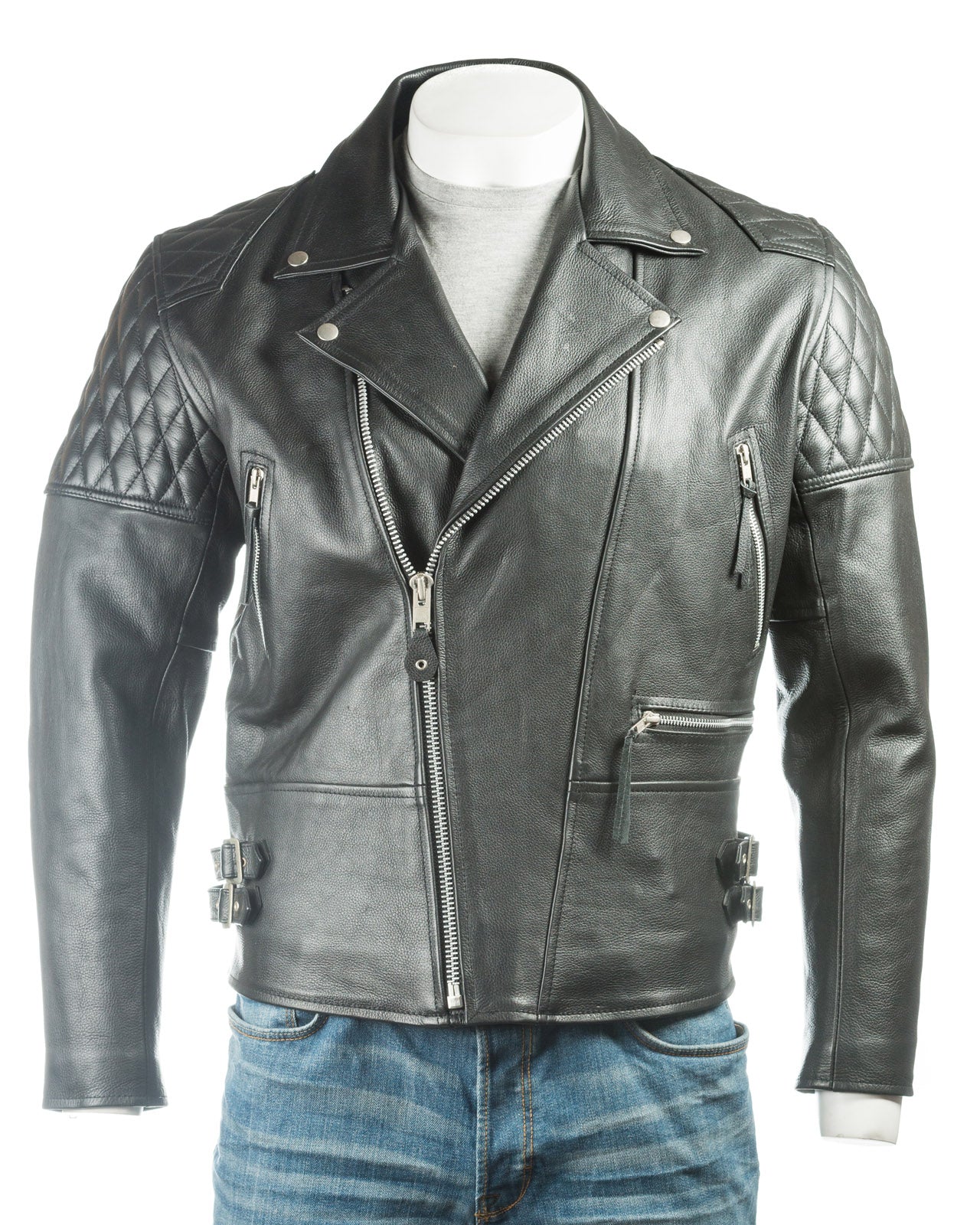 Men's Black Cow Hide Leather Biker Jacket With Diamond Stitch Shoulder Detail