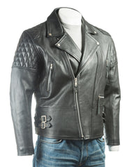 Men's Black Cow Hide Leather Biker Jacket With Diamond Stitch Shoulder Detail