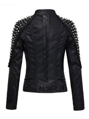 Trendy Silver Spiky Studded Black Leather Jacket for Women