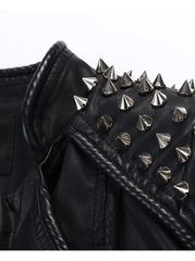 Trendy Silver Spiky Studded Black Leather Jacket for Women