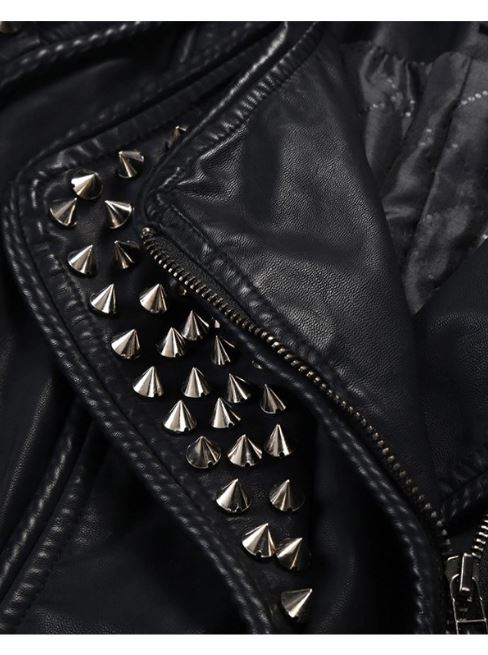 Trendy Silver Spiky Studded Black Leather Jacket for Women