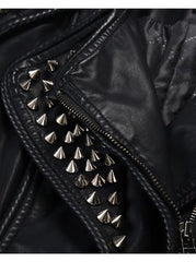 Trendy Silver Spiky Studded Black Leather Jacket for Women