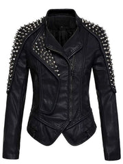 Trendy Silver Spiky Studded Black Leather Jacket for Women