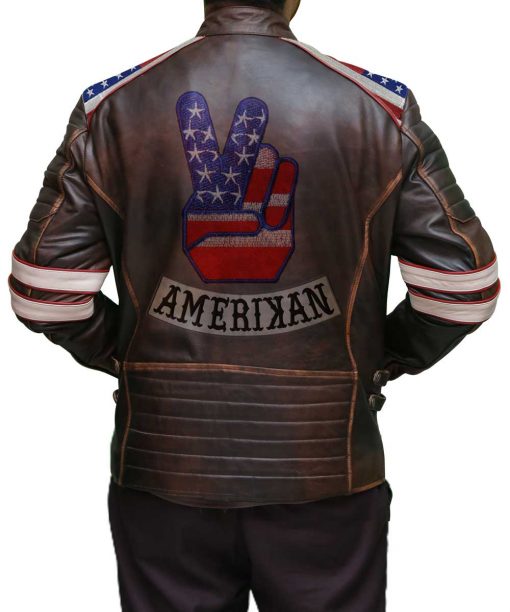 Victory Sign Patches USA Flag Distressed Brown Leather Jacket