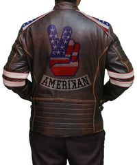 Men Stripe Sleeves USA Flag Antique Brown Leather Jacket