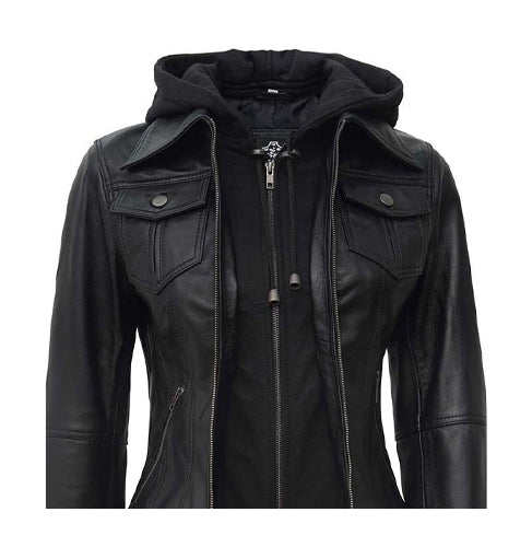 Women Bomber Style Genuine Leather Hooded Jacket