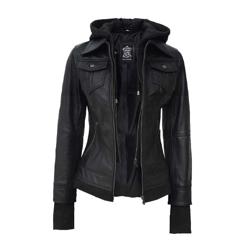 Women Bomber Style Genuine Leather Hooded Jacket