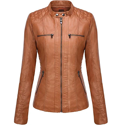 Women Cropped Style Brown Genuine Leather Jacket