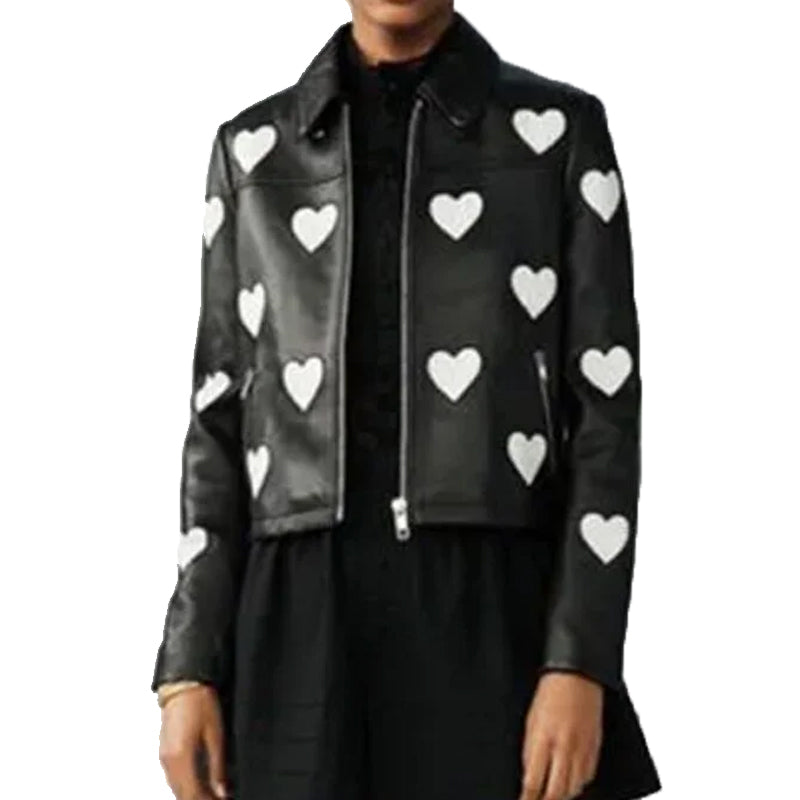 Women Heart Style Black Genuine Leather Jacket