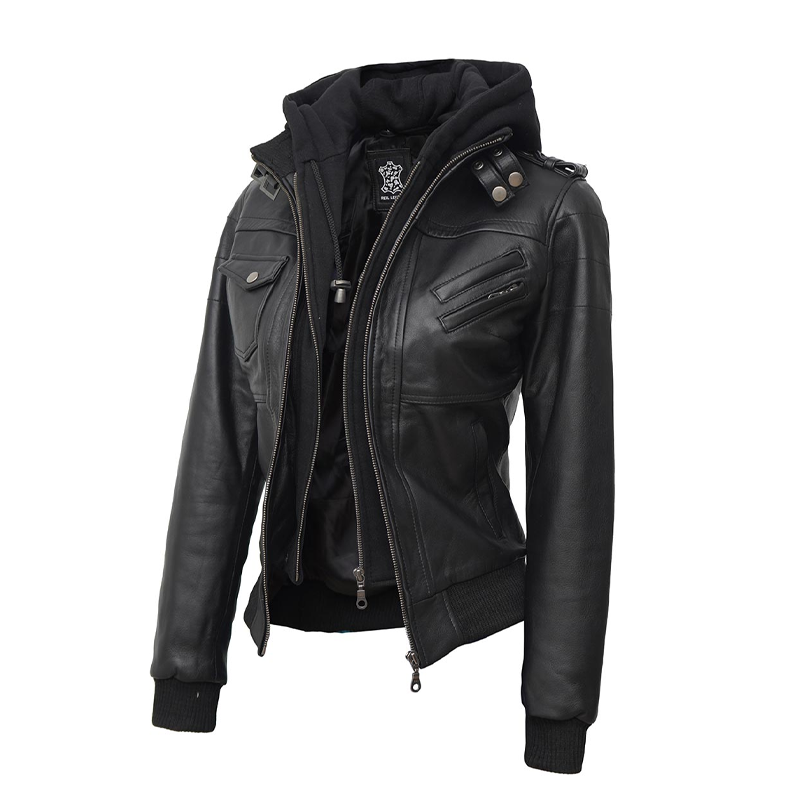 Hooded Black Leather Bomber Jacket for women