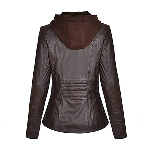 Women Mid Length Detachable Hoodie Biker Leather Jacket