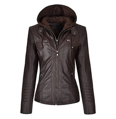 Women Mid Length Detachable Hoodie Biker Leather Jacket