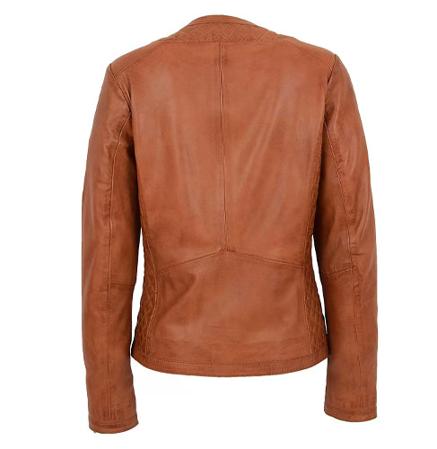 Women Quilted Design Dual Color Collarless Leather Jacket