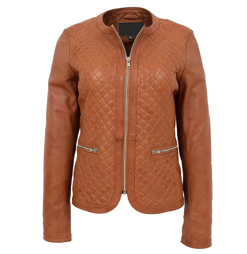 Women Quilted Design Dual Color Collarless Leather Jacket