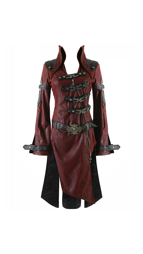 Women Red Punk Rave Shadow Long Distressed Leather Coat