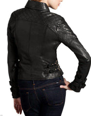 Women's Buckle Straps Motorcycle Black Leather Jacket