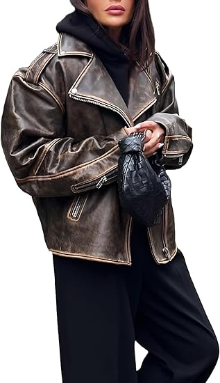 Women's Distressed Brown Café Racer Leather Jacket - Stylish Oversized Zipper Genuine Leather Jackets For Women