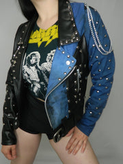 Women's Black Leather and Blue Distressed Denim Studded Jacket With Chains