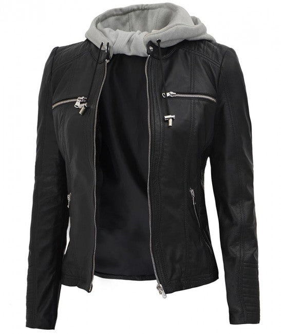 Women's Removable Hooded Black Biker Leather Jacket
