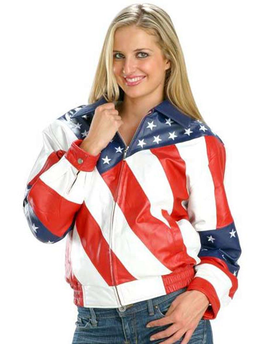 American Flag Cropped Style Women Biker Leather Jacket