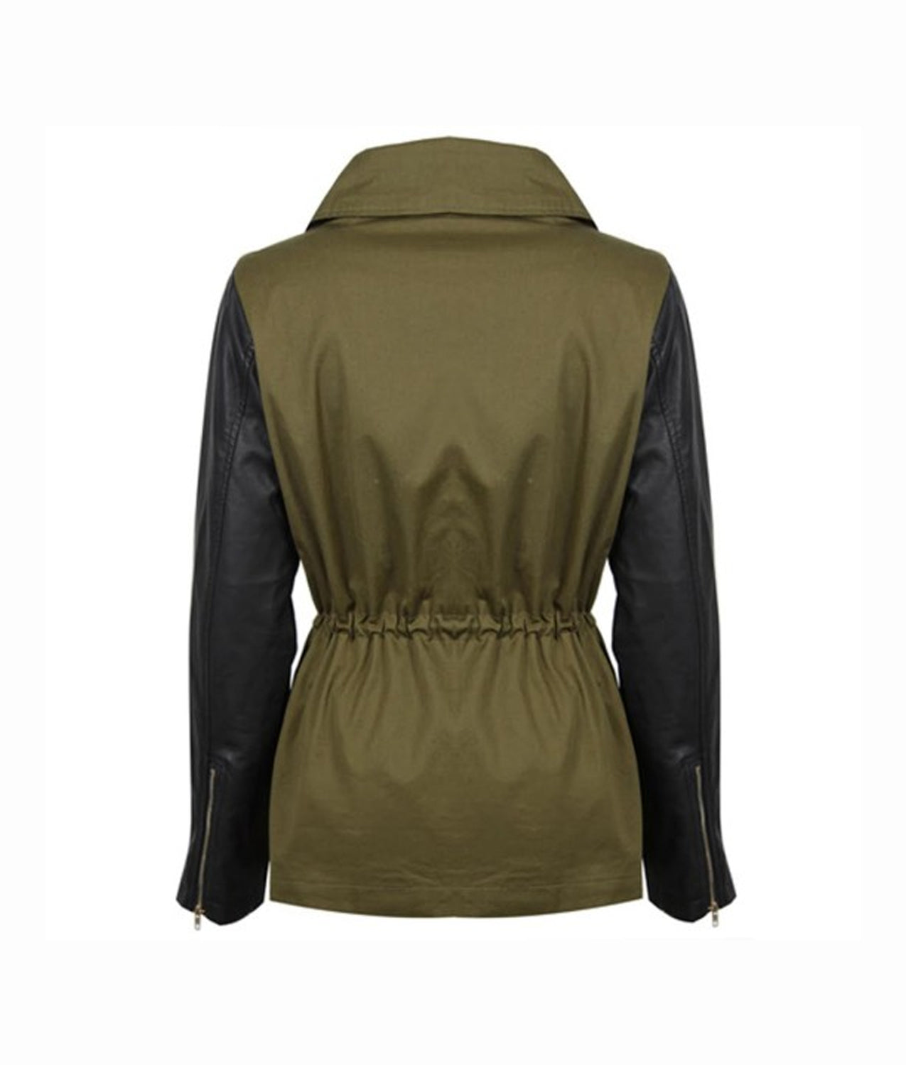 Women's Army Green Cotton Jacket With Leather Sleeves