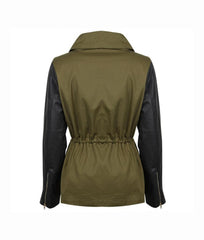 Women's Army Green Cotton Jacket With Leather Sleeves