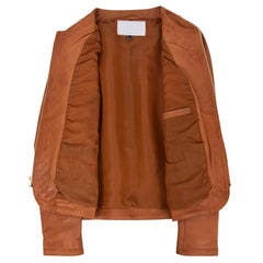 Brown Women’s Collarless Leather Jacket – Quilted Joan Design