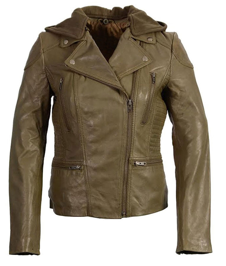 Womens Zip Off Hooded Olive Motorcycle Leather Jacket