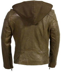 Womens Zip Off Hooded Olive Motorcycle Leather Jacket
