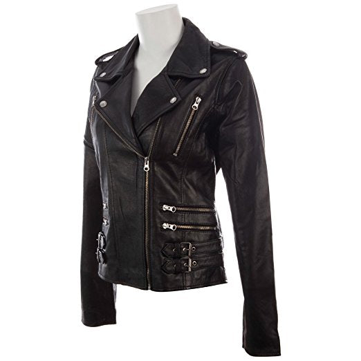 Women's Black Real Leather Multi-Zip Fashion Biker Jacket