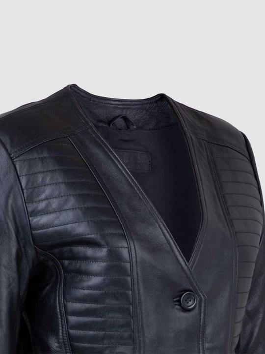 Women's Collarless Black Quilted Leather Jacket