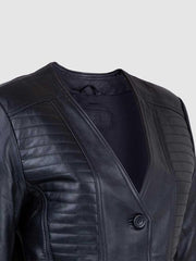 Women's Collarless Black Quilted Leather Jacket