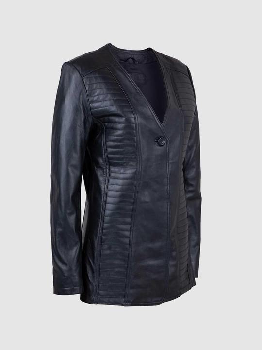 Women's Collarless Quilted Black Long Leather Jacket 