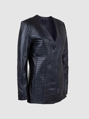 Women's Collarless Quilted Black Long Leather Jacket 