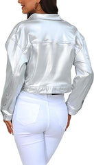 Women's Shiny Silver Biker Faux Leather Jacket