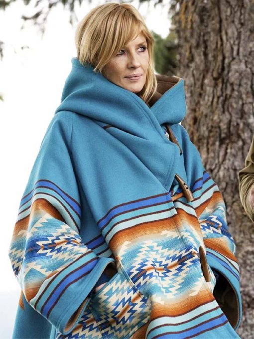 Yellowstone Beth Dutton Blue Hooded Semi Cloak Coat