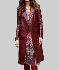 Zendaya Burgundy Leather Trench Coat