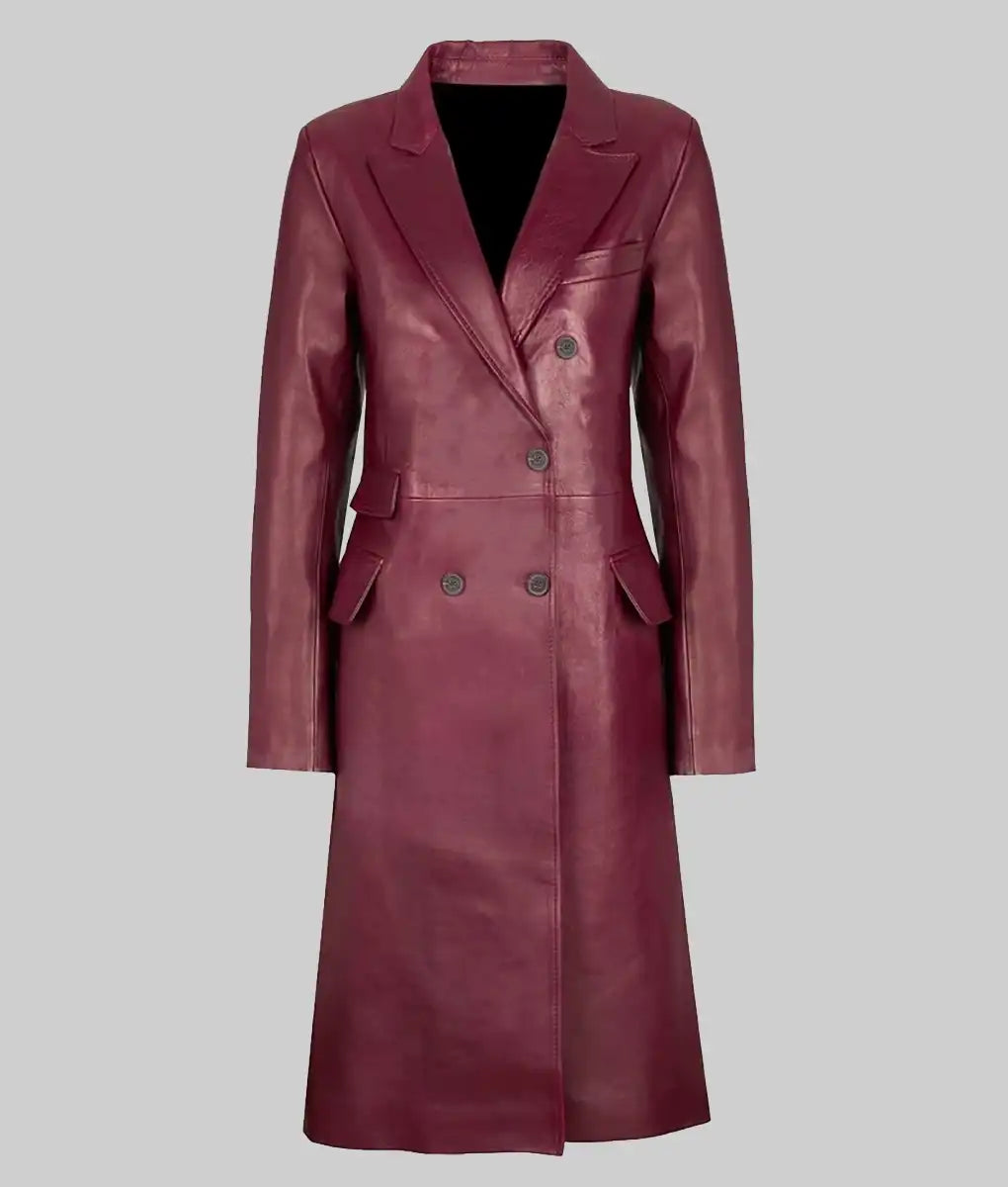 Zendaya Burgundy Leather Trench Coat