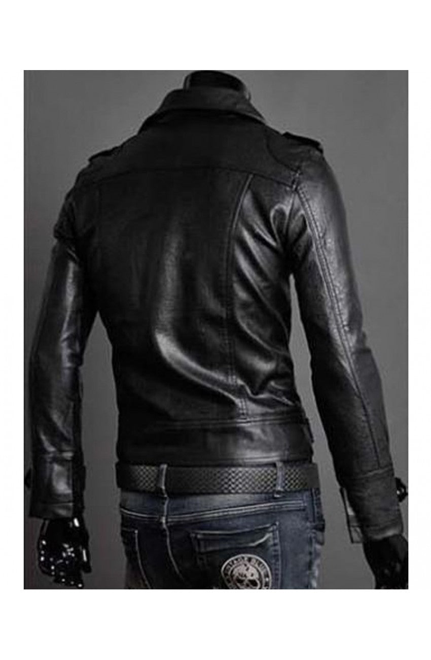 Men's Slim-Fit Asymmetrical Zip Black Faux Leather Jacket