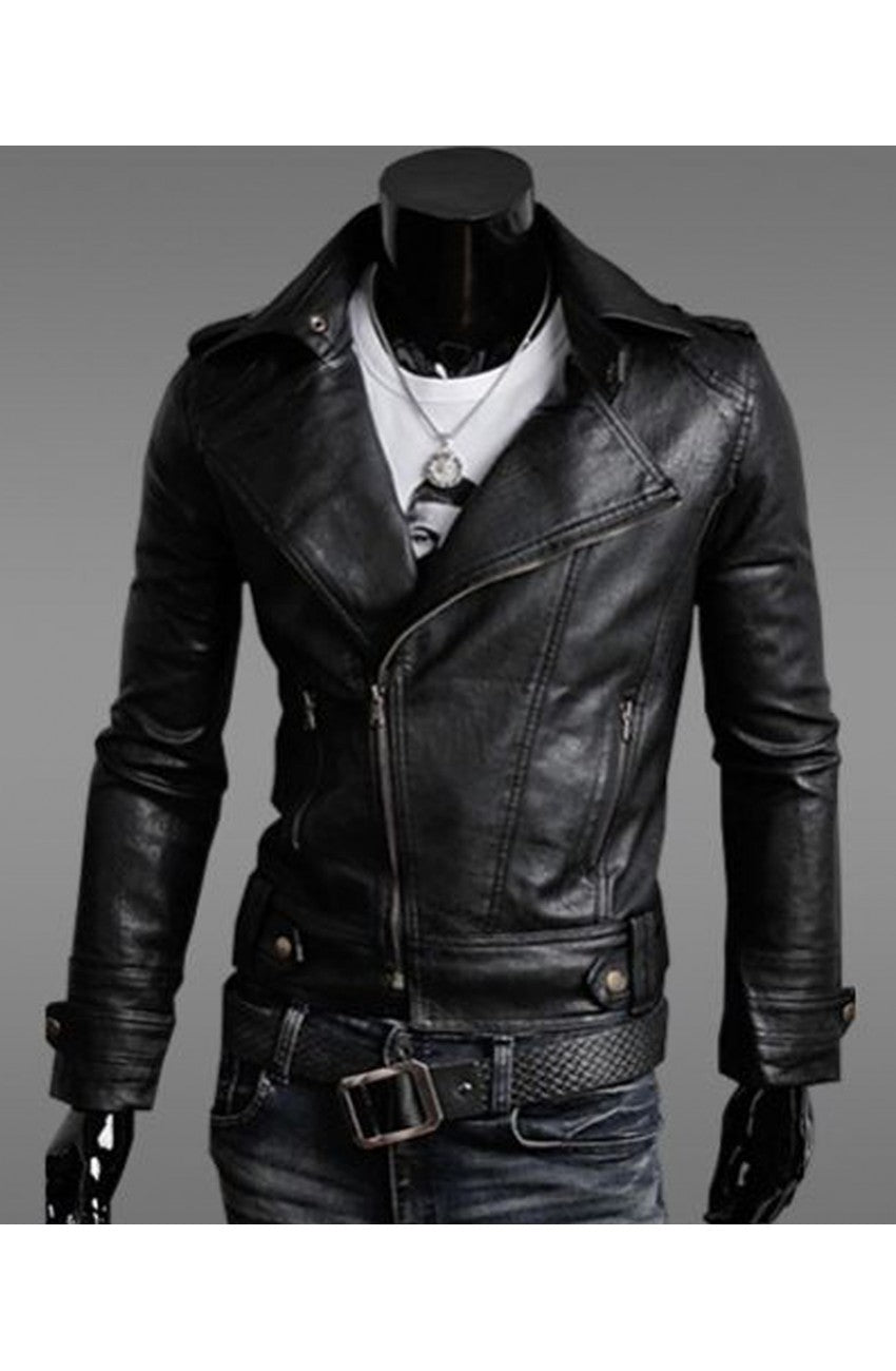 Men's Slim-Fit Asymmetrical Zip Black Faux Leather Jacket