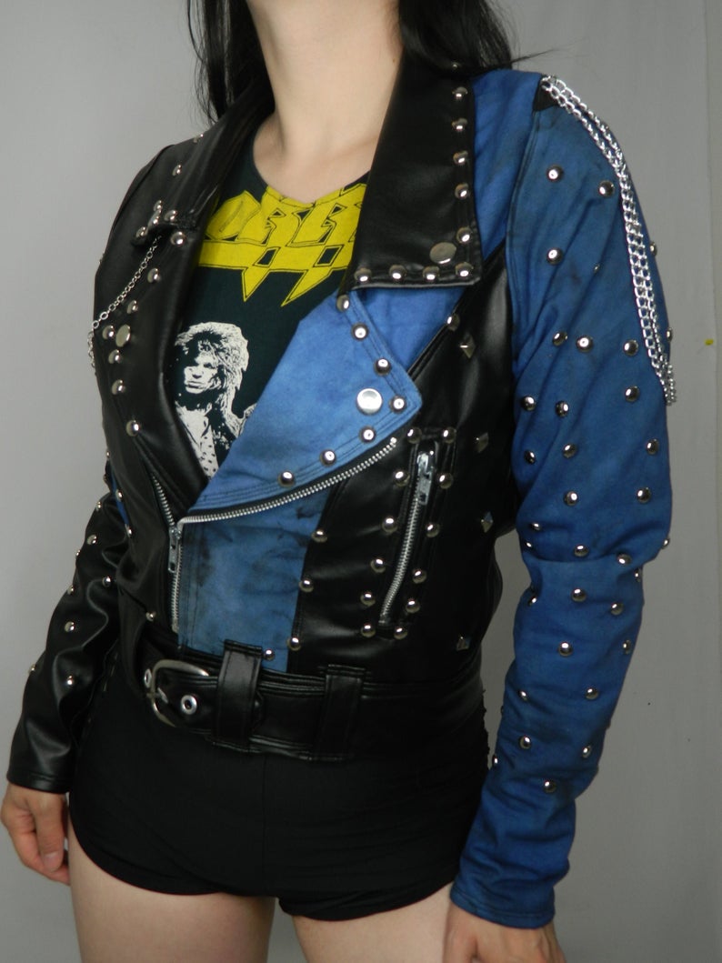 black leather and denim studded jacket with chains