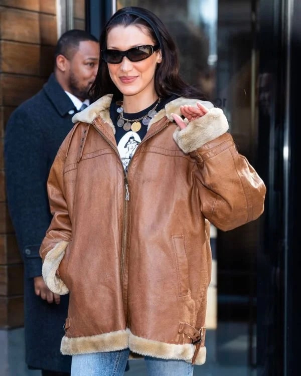 Bella Hadid Oversized Brown Shearling Leather Jacket