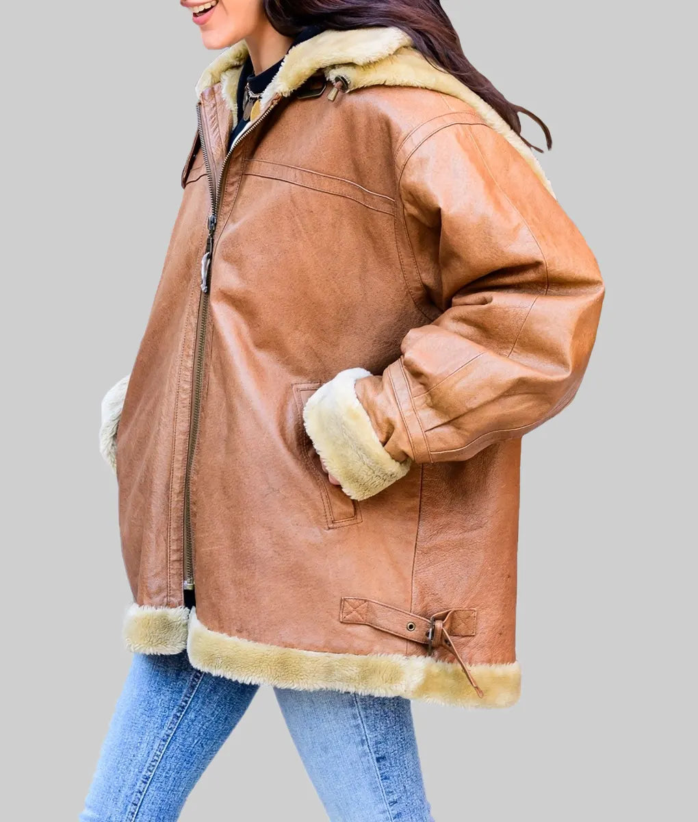 Bella Hadid Oversized Brown Shearling Leather Jacket