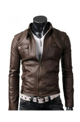 Men's Slim Fit Strap Buckle Collar Brown Leather Jacket